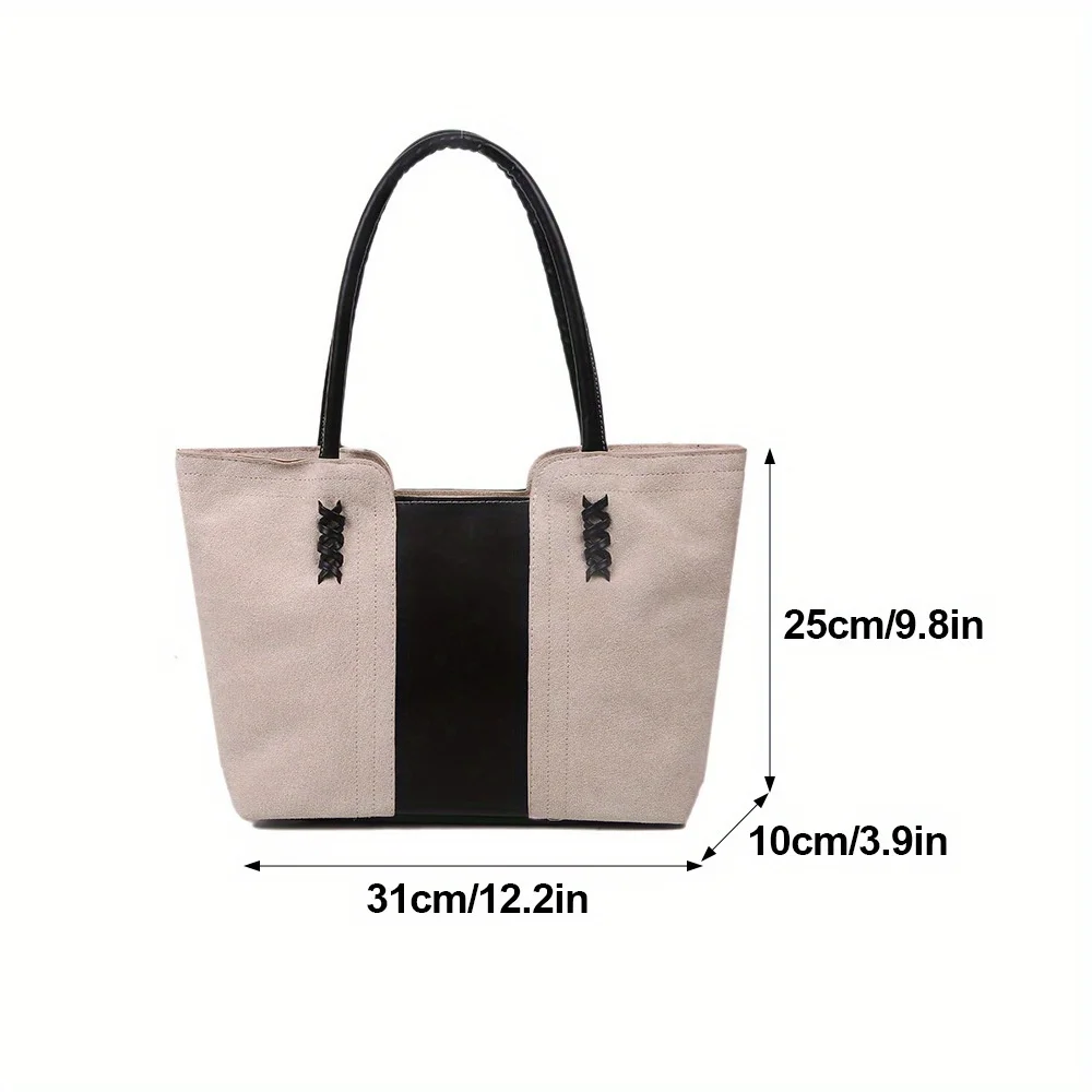 Wildleder-Oberflächenhandtasche für Damen, koreanische Mode-Freizeit-Pendlerhandtasche, Vintage-Farbkollisions-Spleiß-Einkaufstasche – Detail 2