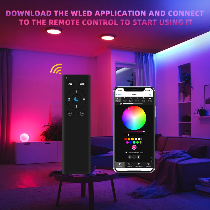 جهاز تحكم عن بعد DOM WLED WiFi ESP-NOW بطول 50 مترًا، 4 أزرار قابلة للبرمجة، لا يتطلب تطبيقًا، يعمل مع وحدات تحكم WLED RGB IC (بدون بطارية)