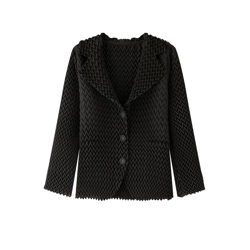 Miyake Pleated Simple Solid Color Wave Small Suit Casual Versatile Long Sleeved Short Jacket Women's 2025 Autumn New Style