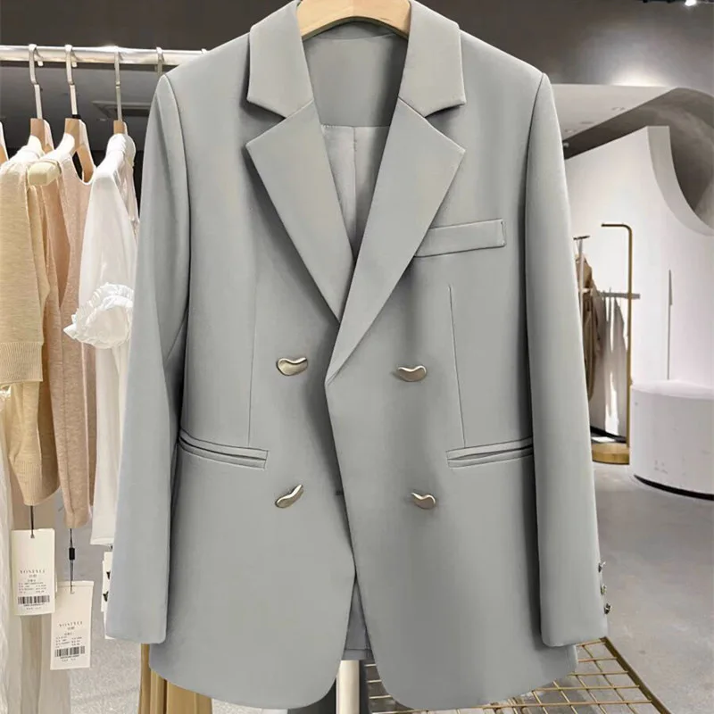 

Autumn 2024 Women's Faion Casual s Ladies Jaets Suits Straight Cut Polyester Long Sve Double Breasted Pure Color