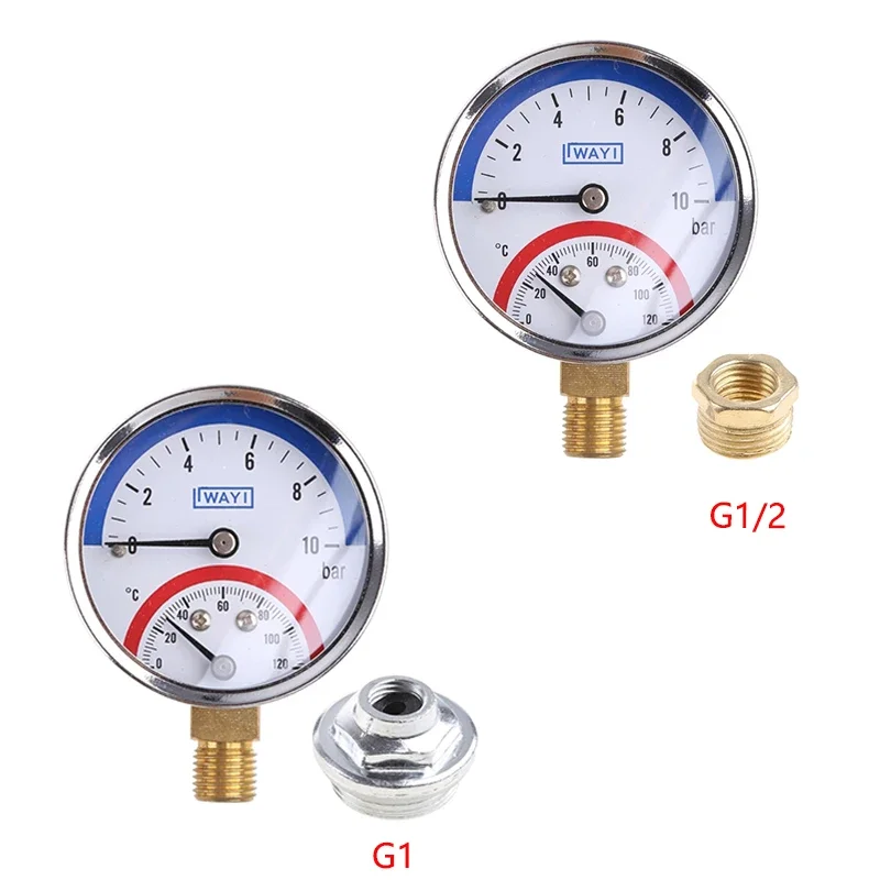 G1/G1/2 Thread Temperature & Pressure Gauge 0-120 ℃ 0-10 Bar Mearsuring Fitting- for Floor Heating System