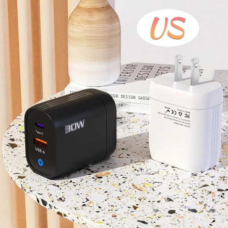 Quick Charging Block 30W Charging Cube Brick With Type C Charging Cable 2 USB Ports Cell Phone Charger For Tablets Cellphones