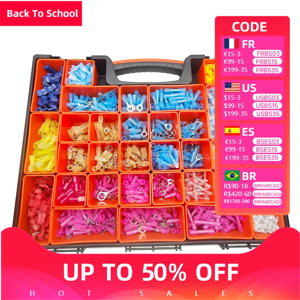 

1500 шт., комплект термоусадочных проводов, изолированные обжимные кольца, вилочная лопаточная клемма, T-Tap, электрические разъемы для припоя встик