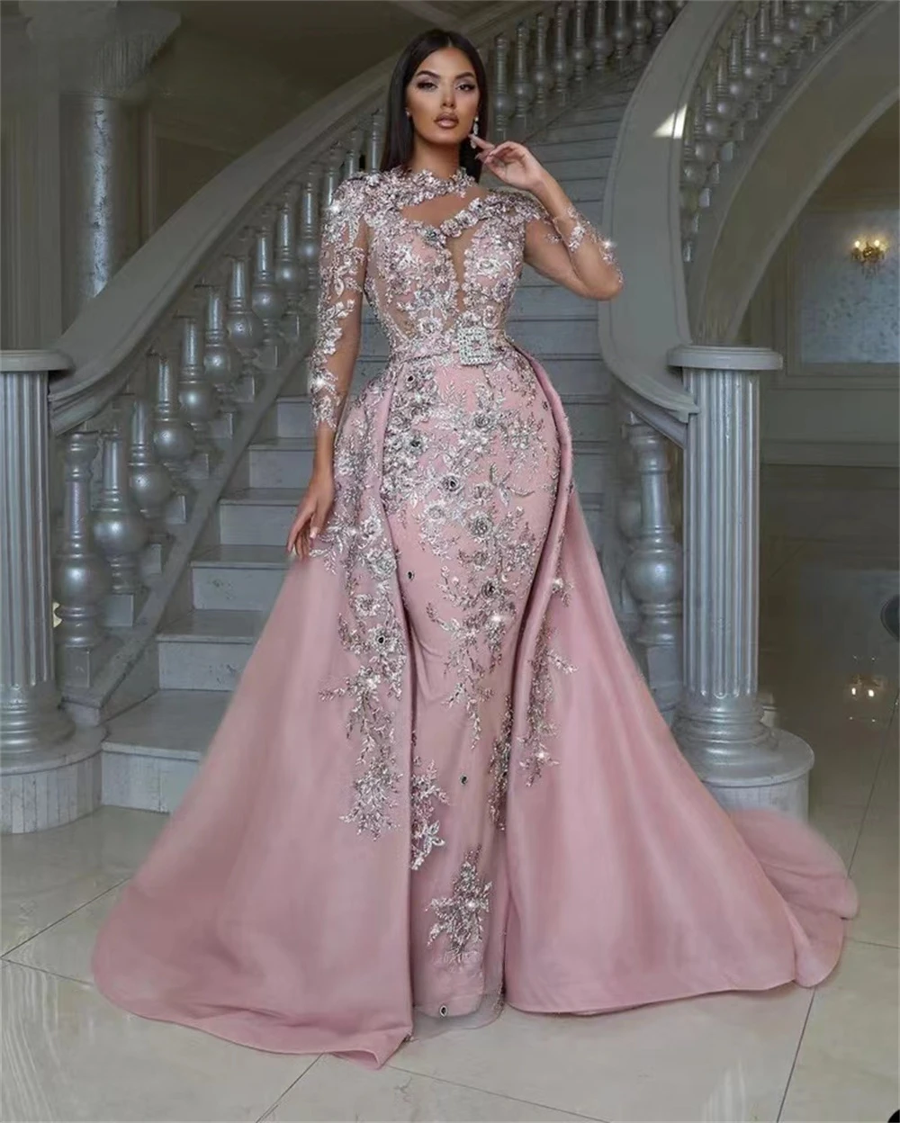 Sparkly Beads Evening Dresses With Detachable Skirt Muslim Long Sleeves Prom Dress Couture Wedding Party Gowns Vestidos