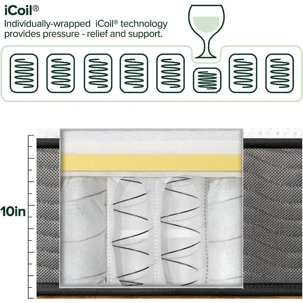 فراش هجين يدعم الجيب بالإضافة إلى الجيب ، لفائف Heeter لدعم دائم ، springs Innersprings للجيب لعزل الحركة ، 10"