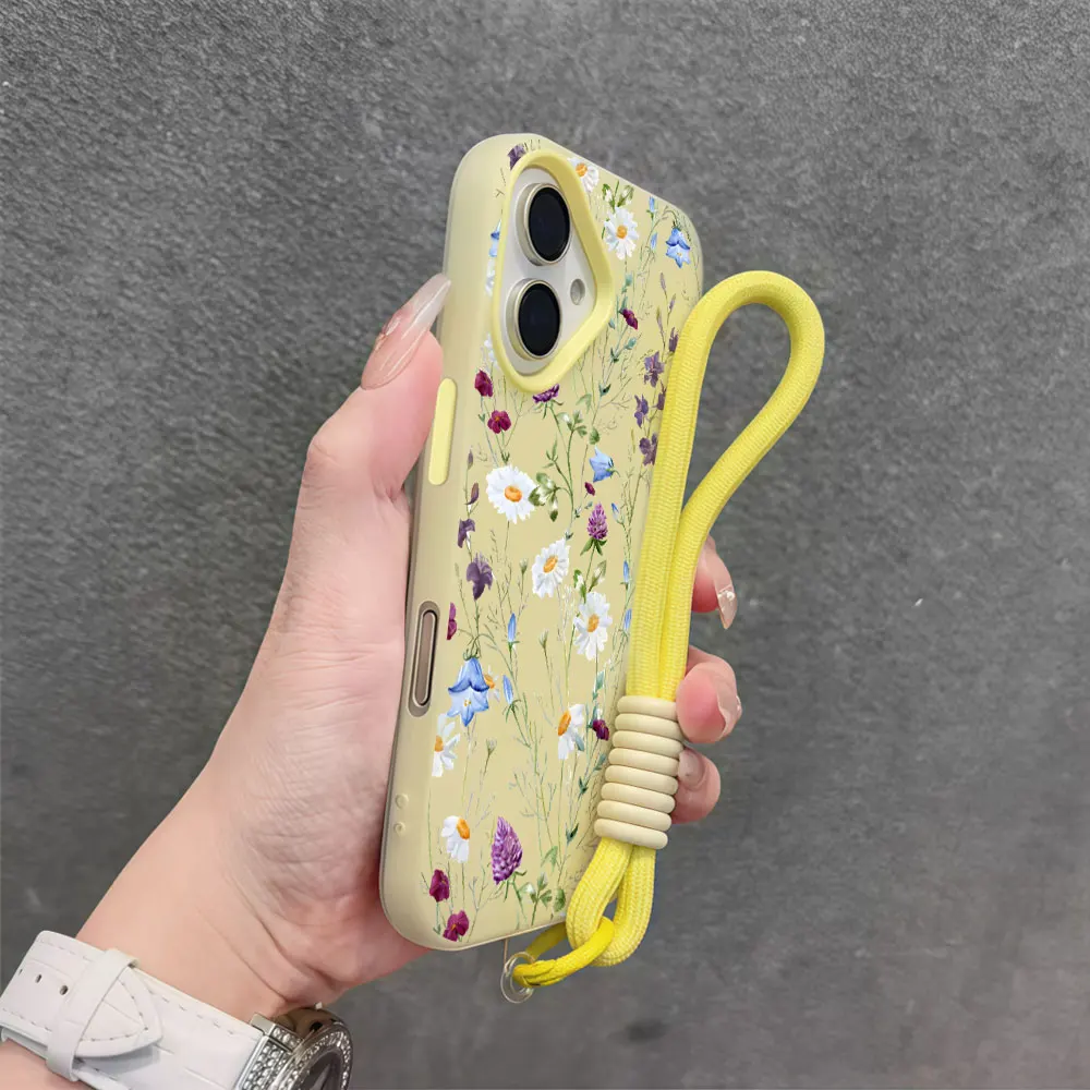 Lanyard Phone Case For Redmi Note 14 13 11 10 12 5G Pro Plus 14C 13C 15C Candy Color Bumper Grass Flower INS Wrist Strap Cover