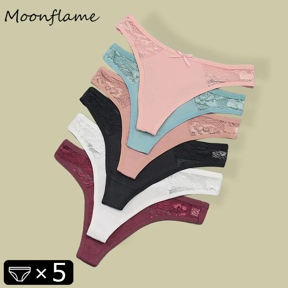 

Moonflame 5 Pcs/Lots Lingerie For Women Low Rise Solid Color G Strings Sexy Lace Thongs Cotton Panties