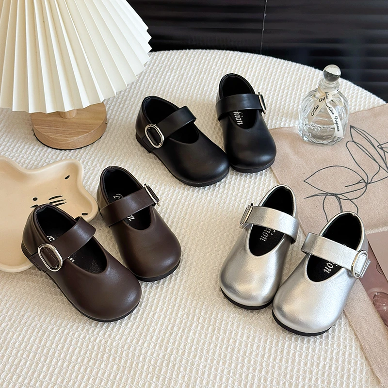 

Children's Solid Color Waterproof Flat Shoes 2025 Autumn Girl Princess Leather Shoes Fashion Korean Soft-soled Non-slip Shoes