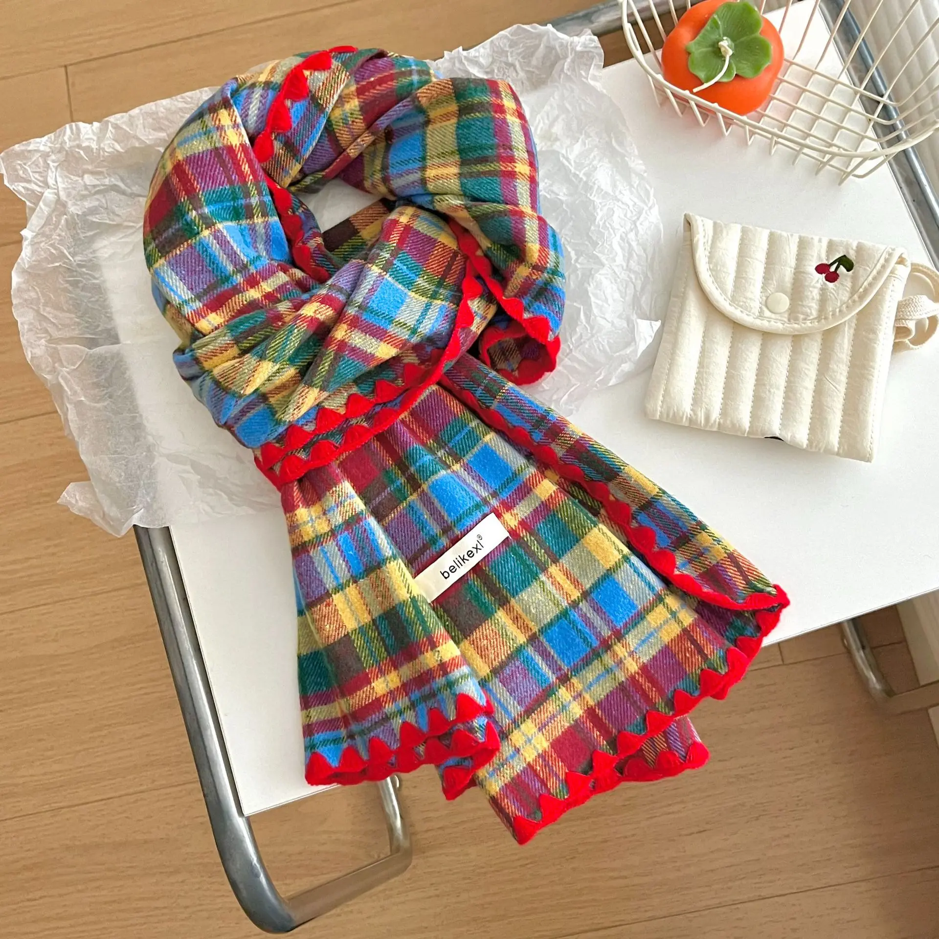 Retro rainbow plaid scarf women's autumn and winter high-quality atmosphere sweet and thickened warm versatile lock edge scarf