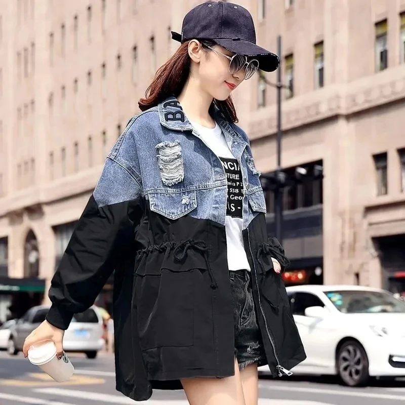 Fashion Medium Long Splicing Denim Jacket Female New Spring Autumn Loose All-Match Casual Cowboy Overcoat Female Windbreaker