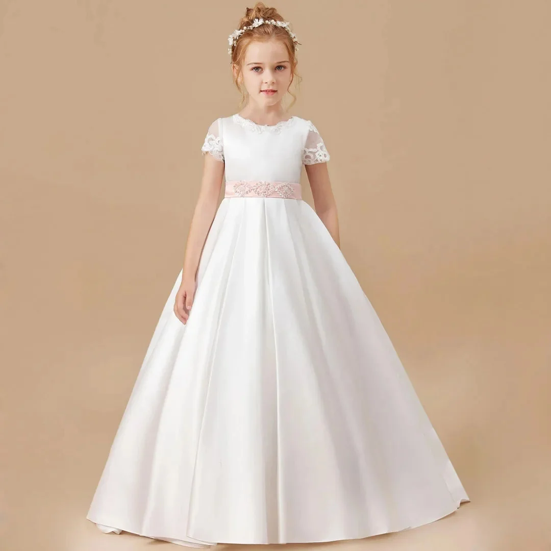 فساتين فتاة الزهور المخصصة مزينة بالساتان الأبيض مع فيونكة وأكمام طويلة لحفلات الزفاف وأعياد الميلاد والمناولة المقدسة #3