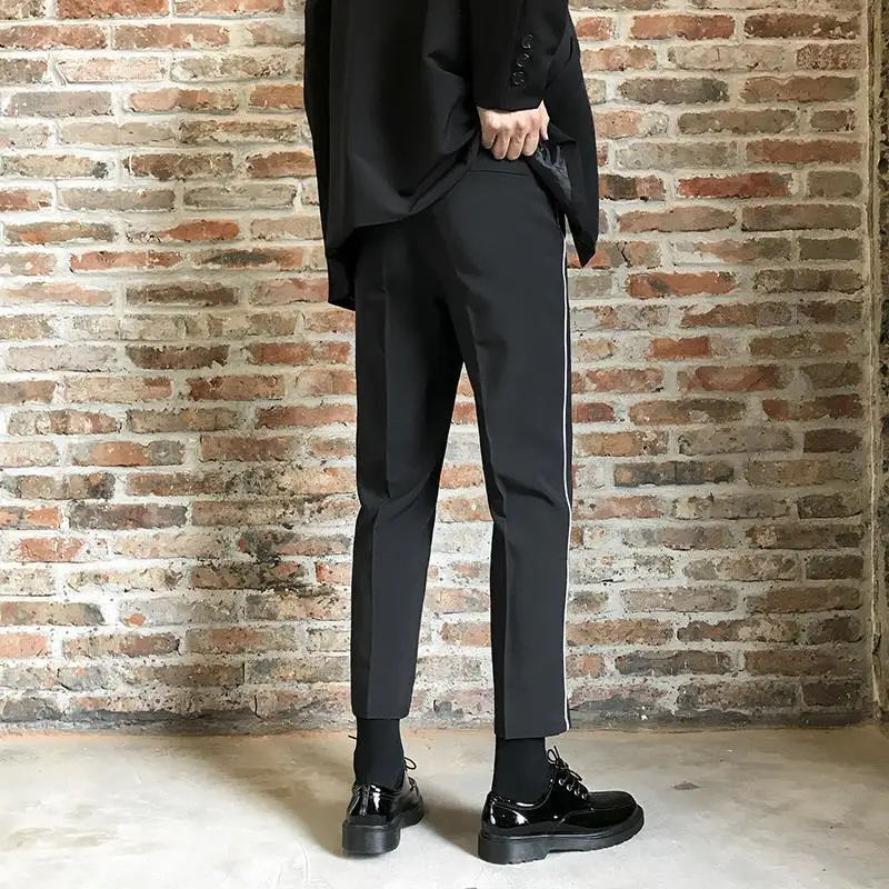 Male Suit Trousers Fluid 9 Cropped Straight Black Draped Slacks Up Formal Classic Men\'s Summer Pants High Quality New in Fashion