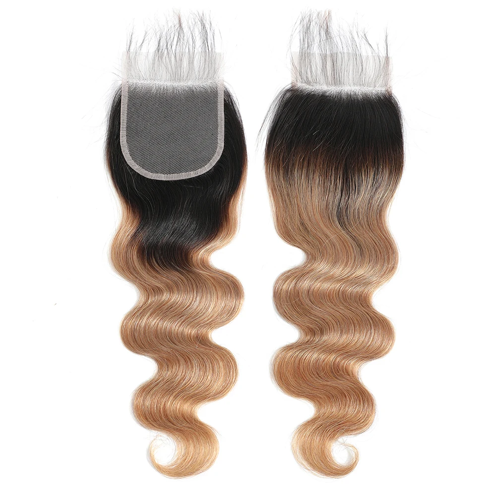 Extensions de cheveux brésiliens colorés avec fermeture à lacet pour femmes, faisceaux blonds, tissage, 100% cheveux humains, HD