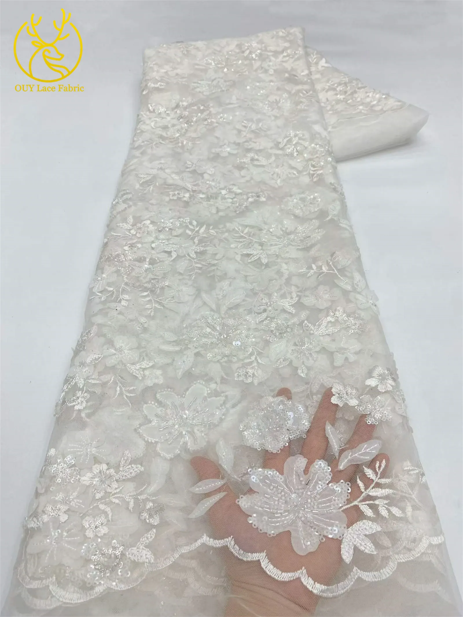 Eleganter Spitzenstoff mit Blumenstickerei und Pailletten, französischer Tüll mit Perlen, afrikanischer Spitzenstoff, nigerianische Spitze für Party- und Ballkleider – Detail 16
