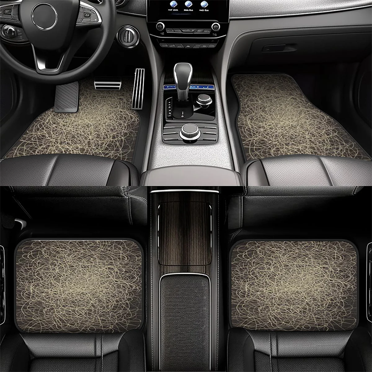 5pcs Car Floor Mats With Trunk Mat, Dark Brown Base With Golden Random Interwoven Line Texture. Made Of For All-weather Protecti