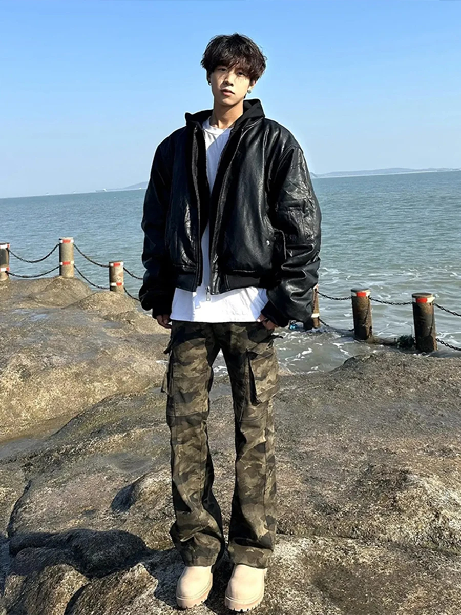 

Американские камуфляжные рабочие брюки для мужчин, осенне-зимние, прямые джинсы с широкими штанинами, в стиле High Street Vibe