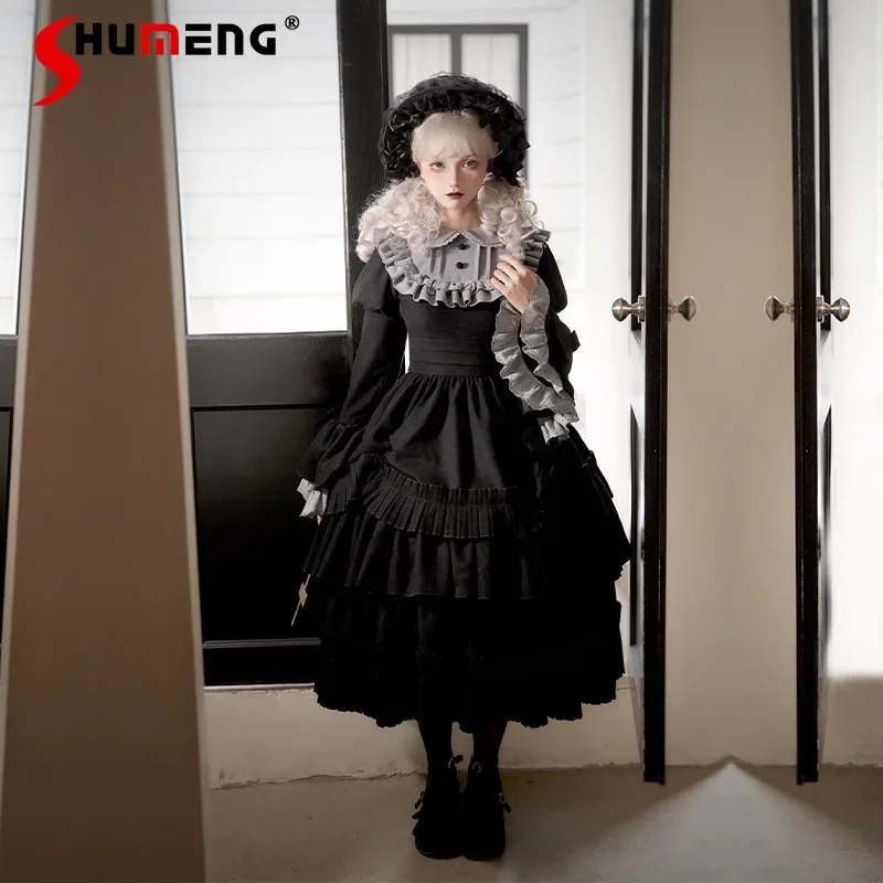 

Japanese Rojita Style Original Design Ancient Doll Long Sleeves Dress Big Swing Op Petticoat Lolita Black Zipper Vestidos Mujer