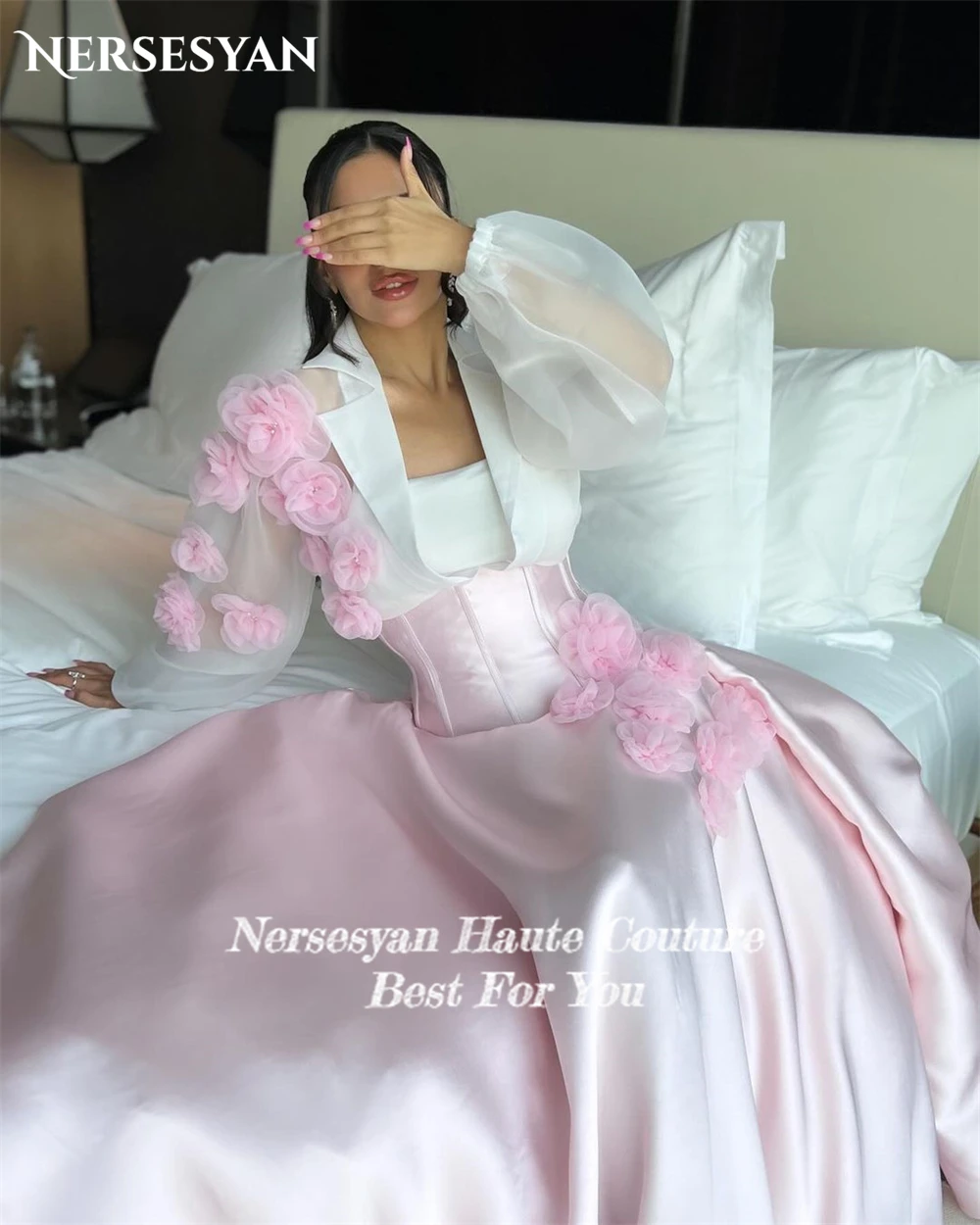 Nersesyan Blush Pink Elegant Formal Evening Dresses A-Line 3D Flowers Strapless Prom Dress Saudi Arabia Pageant Party Gowns 2024