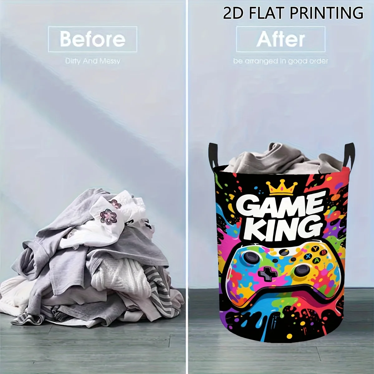 Gaming Controller Laundry Basket Hamper with Handles Video Game Design Storage Organizer with Game King Text
