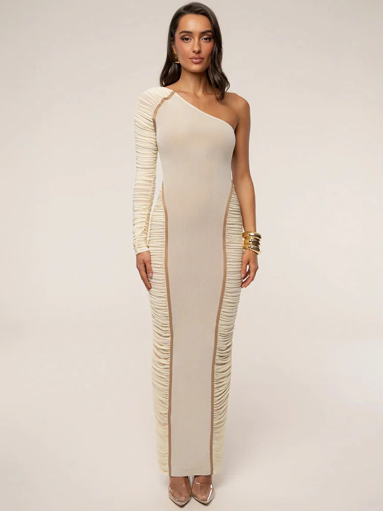 เดรสยาวทรงเข้ารูป แบรนด์ Blifanbo ดีไซน์ไหล่เฉียง หรูหรา เซ็กซี่  ผ้ารัดรูป  ด้านหลังเปลือย  แขนเดียว  ตกแต่งผ้าต่อกัน  เหมาะสำหรับงานปาร์ตี้และคลับ