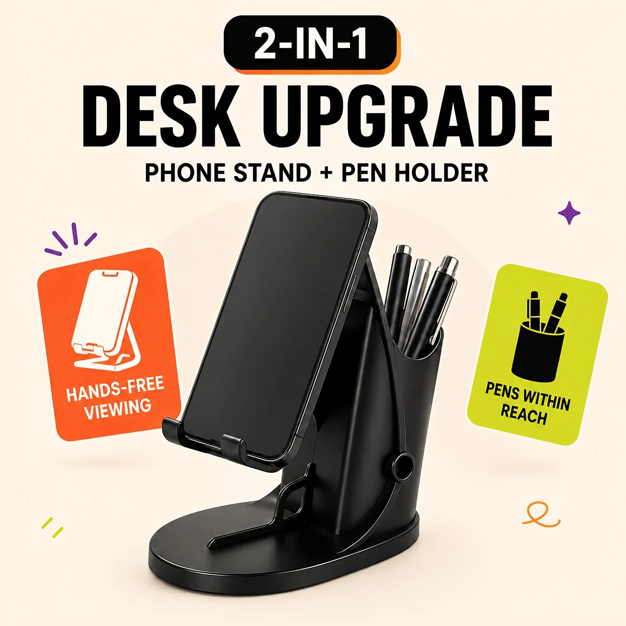 Desktop Pen Holder with Phone Stand, Multifunctional Desk Organizer, Open-Top Pencil Cup with Bottom Charging Cable Access