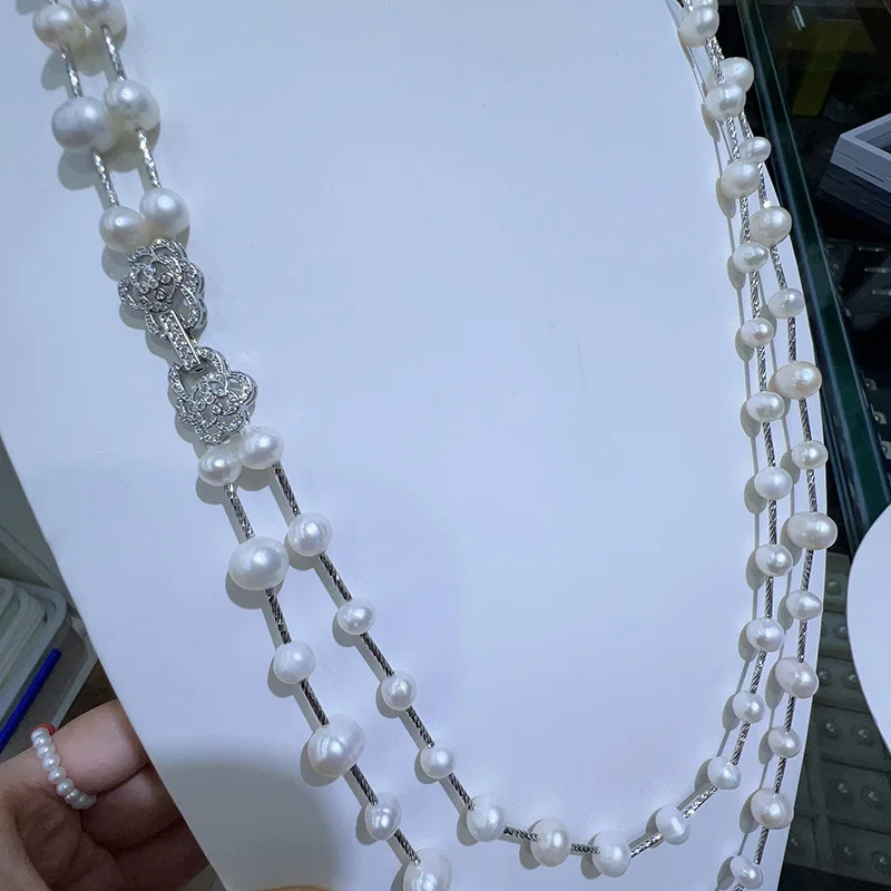 Fashion Trendy Double Layer Starry Sky Medium Long Pearl Necklace, High-end Feel, White Pearl 6-10, Length 65-7