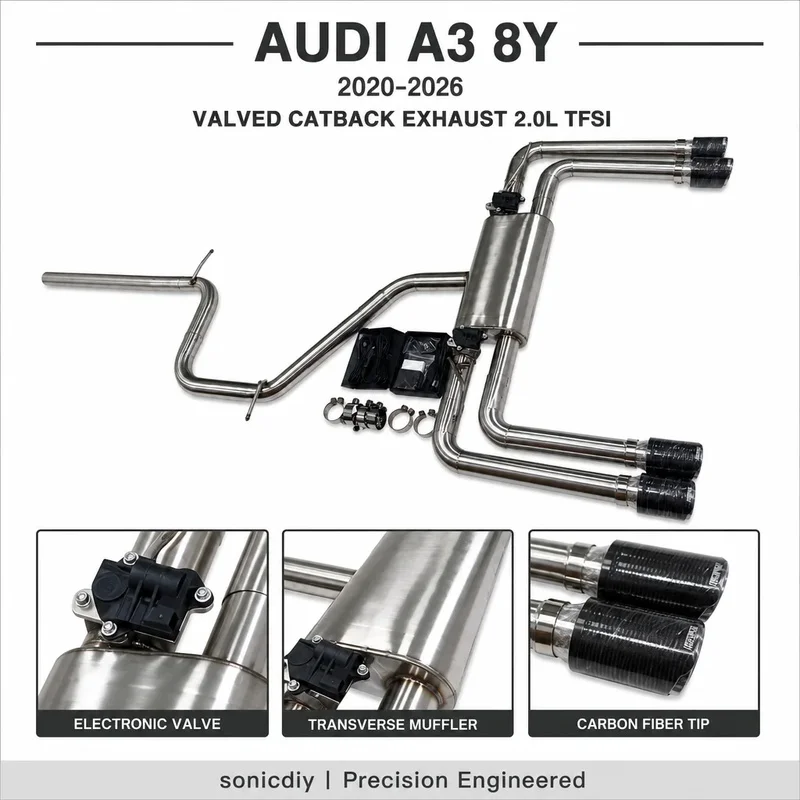 Valved Catback Exhaust For Audi A3 8Y 2 0L TFSI 2020 to 2026 Quad Carbon Fiber Tip With Electronic Valve Stainless Steel