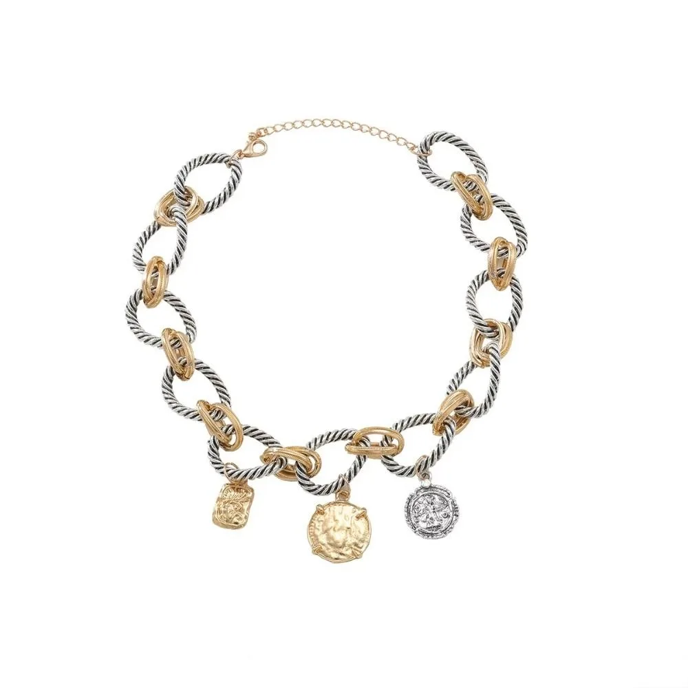 Personality Fashion Cuban Chain Necklaces Double Color Vintage Circular Choker Metal Gift Geometric Pendant Women