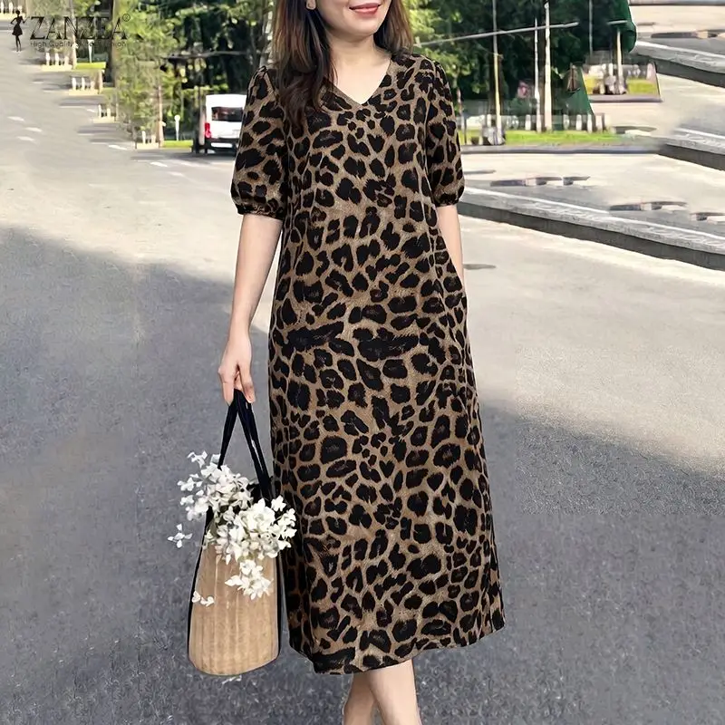 ZANZEA Damen Mode Leopardenmuster Maxikleid V-Ausschnitt Halbe Puffärmel A-Linie Lange Kleider 2026 Sommer Täglich Casual Vestido Mujer