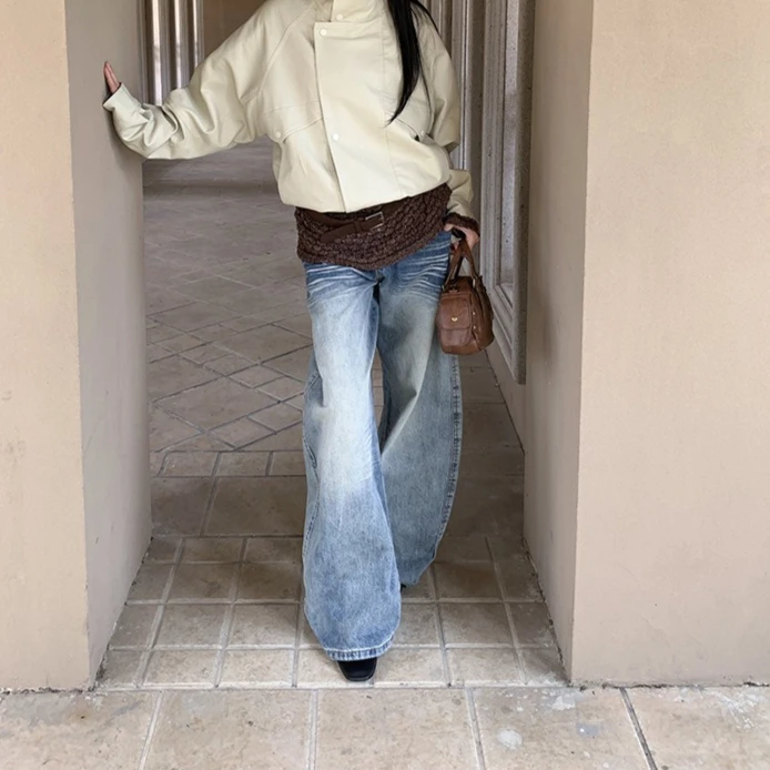 

Pant Women Denim Jeans Straight Trousers Scratch Elegant Vintage Wide Leg Long Pants Y2k Streetwear Low Waist Work Splice 2026