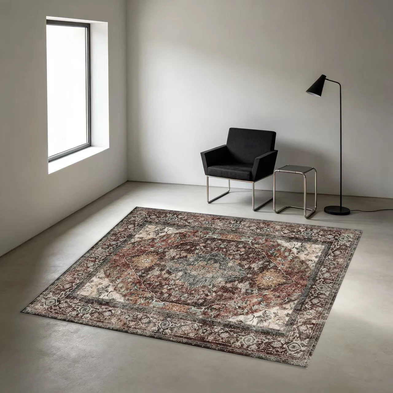 Faded Vintage Persian Carpet Floor Decoration, Retro Medal Square Rug, Soft Non-Slip Floor Mat Suitable for Living Room and Bedroom