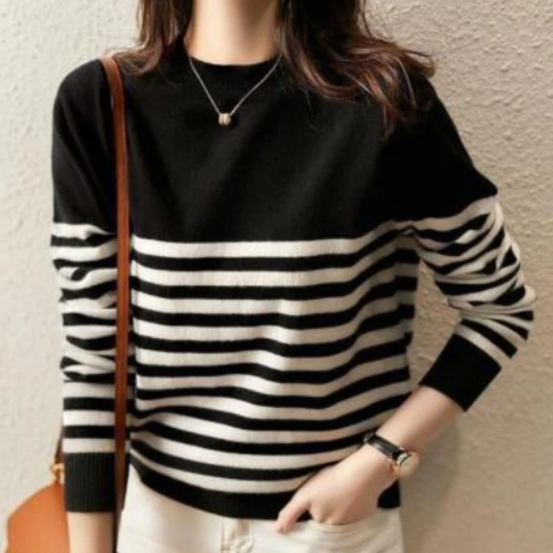 Casual Women\'s Stripe Contrast Knit Sweater Winter Thin O-Neck Loose Retro Elegant Korean Basic Pullover Trend Office Lady Top