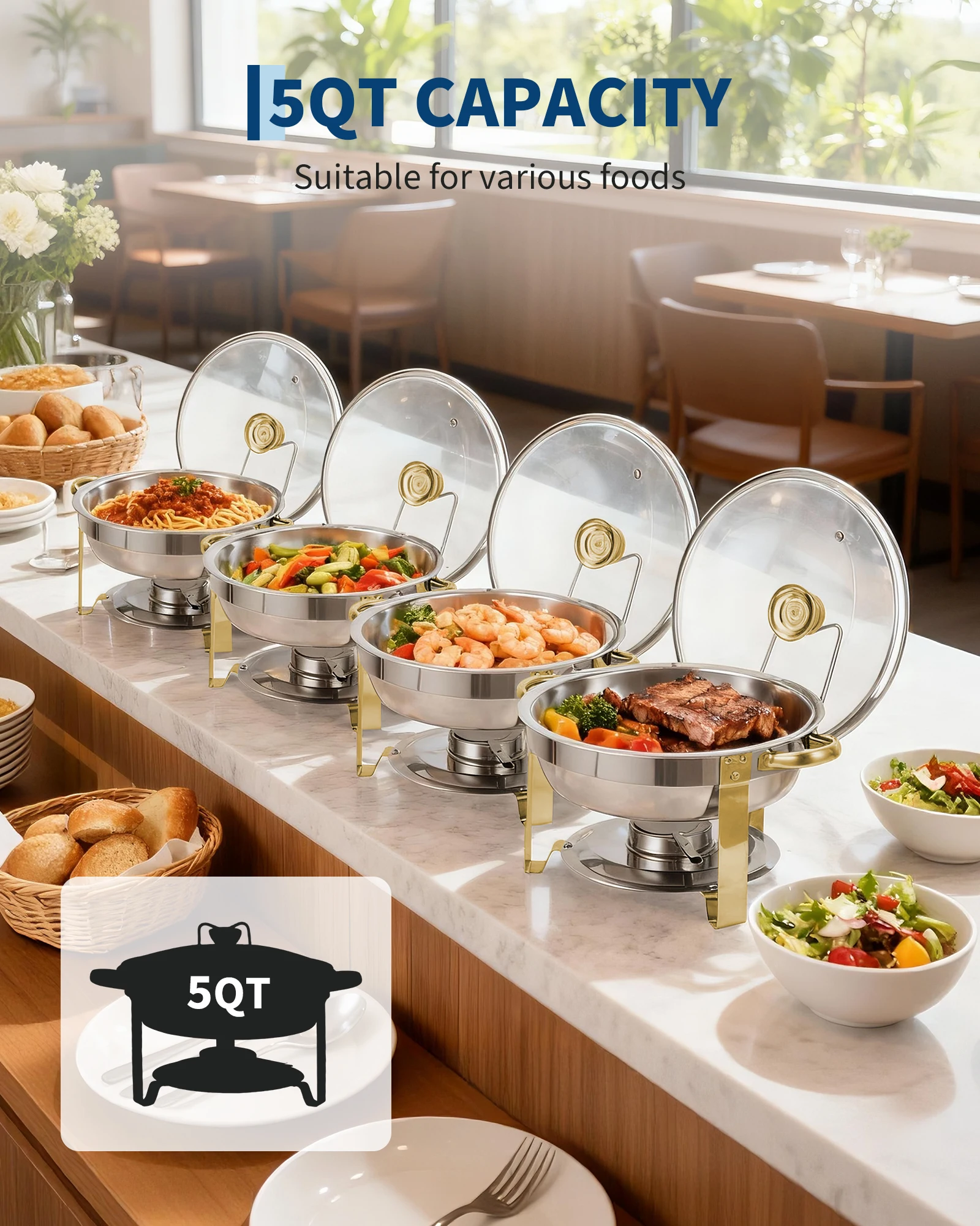 Elegant 5QT Stainless Steel Chafing Dishes with Glass Lids, Gold Rimmed Round Buffet Servers & Warmers for Parties, Catering, Weddings, Banquets and Events
