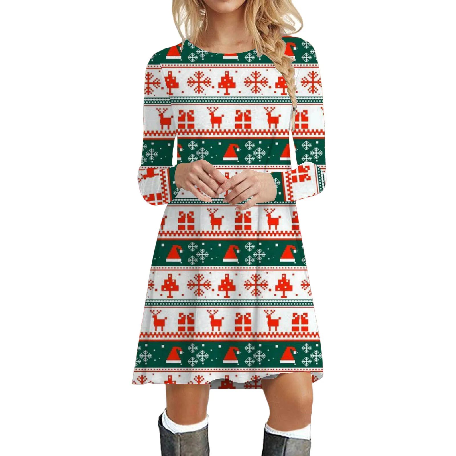 

Tee Length Dress Womens Long Sleeve Cute Christmas Print T Shirt Dresses Denim Dresses For Women Casual Business Casual Dresses