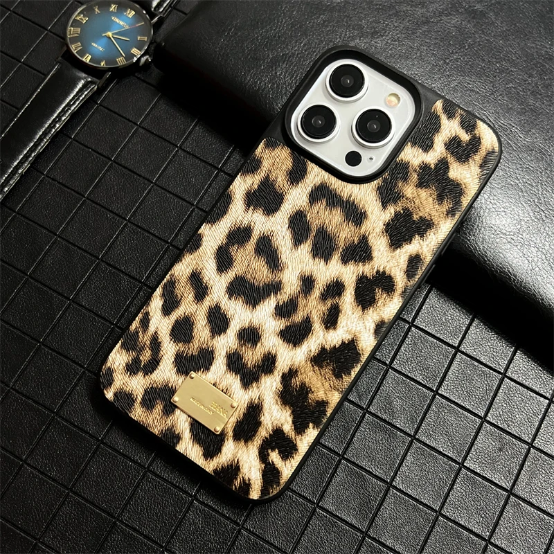 3D Luxury Leopard Snake Crocodile Metal Label Phone Case Protect for iPhone 15 13 12 11 14 16Pro Max XS XR Texture Leather Cover