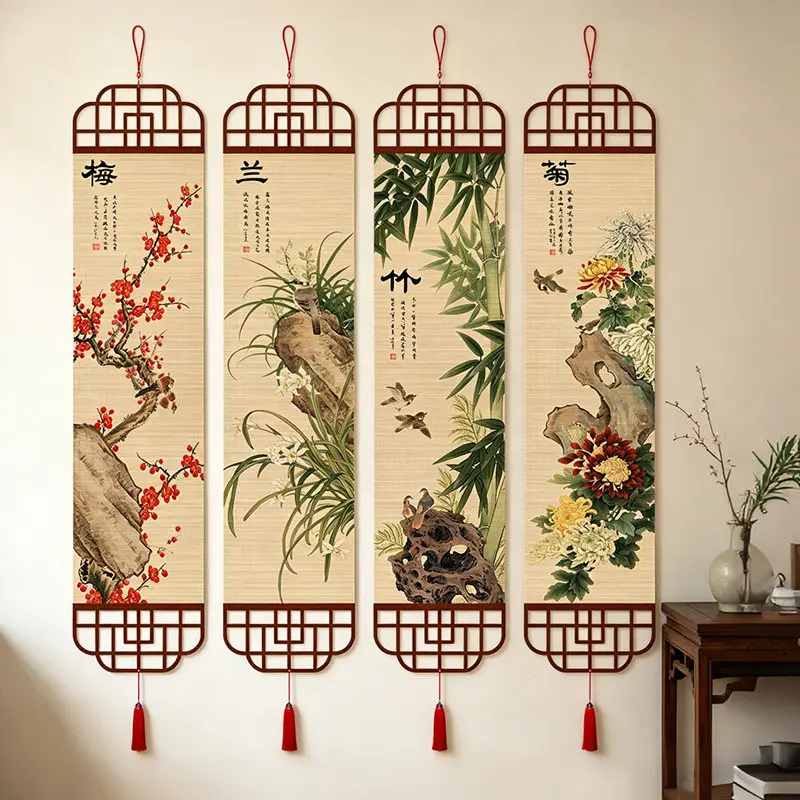 Luxury Chinese Wall Art Four Gentlemen Set Plum Orchid Bamboo Chrysanthemum Bamboo Scroll Teak Wood Frame for Villa Tea Room