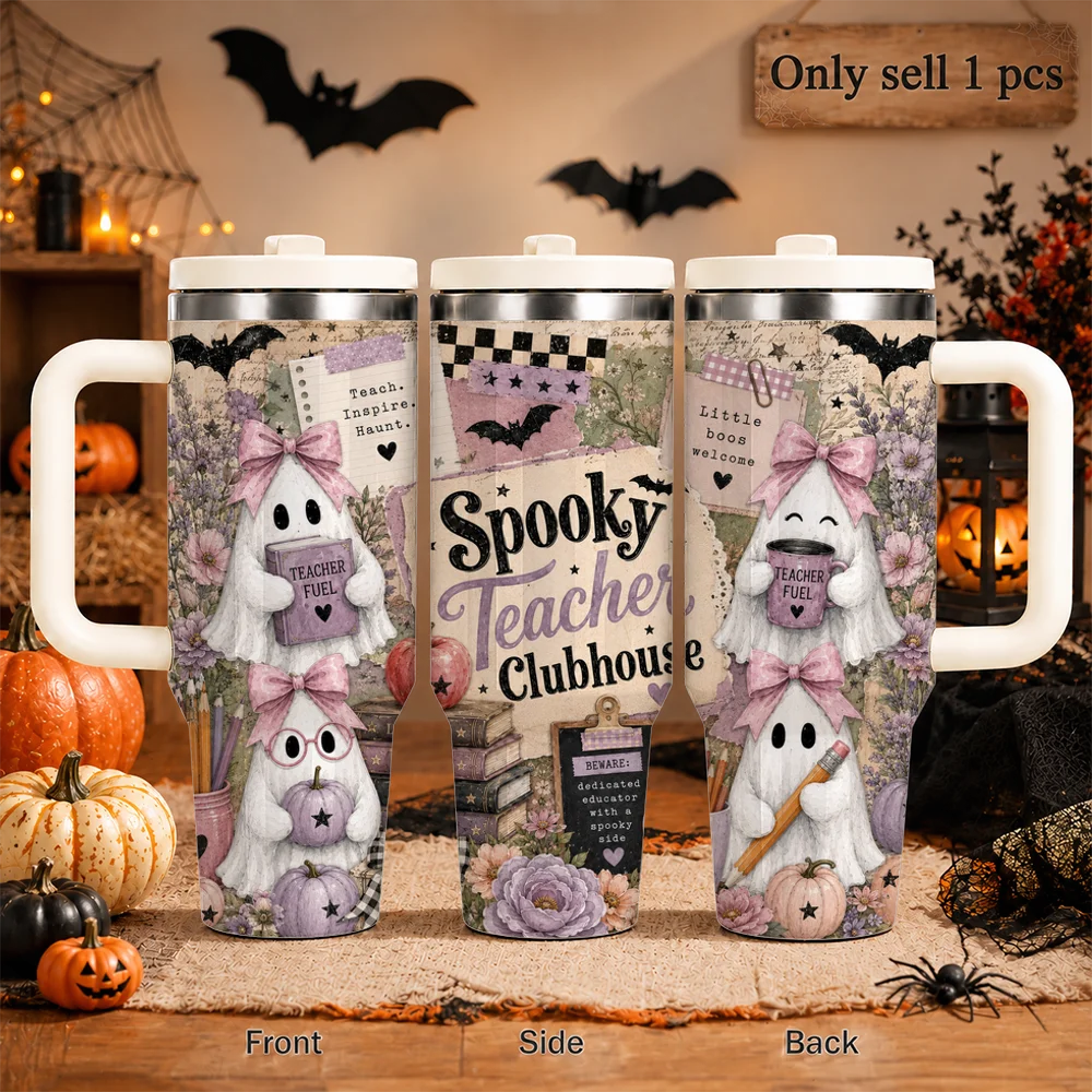 The Cute Ghost Teacher Vacuum Flasks 40oz Leakproof Insulated Tumbler with Handle Straw Lid, Stainless Steel Travel Cup
