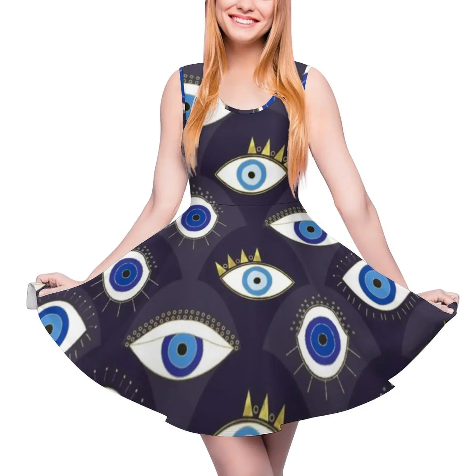 Eyes Dress Various Evil Eye Boho Beach Dresses Women Sleeveless Aesthetic Skate Dress Date Printed Vestido Birthday Present