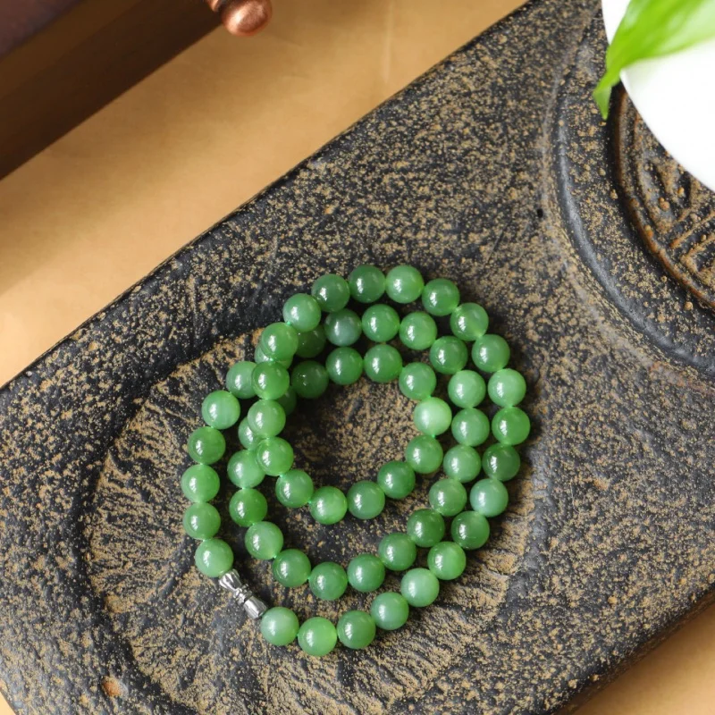 Hetian Jasper Spinach Green round Beads Mother Chain Classic Lock Jade Necklace