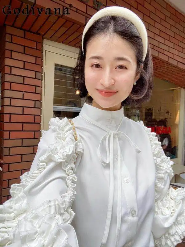 

Japanese Style Sweet White Long-sleeved Shirt Cute Girl's Kawaii Fungus Edge Stand-up Collar Tops Women's Casual Shirt Blouses