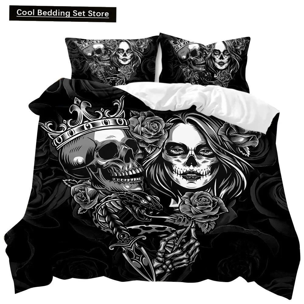 Skull Duvet Cover Set Rose Twin Skeleton Kiss Comforter Cover Teens Gothic Skeleton Double Queen King Size Polyester Qulit Cover