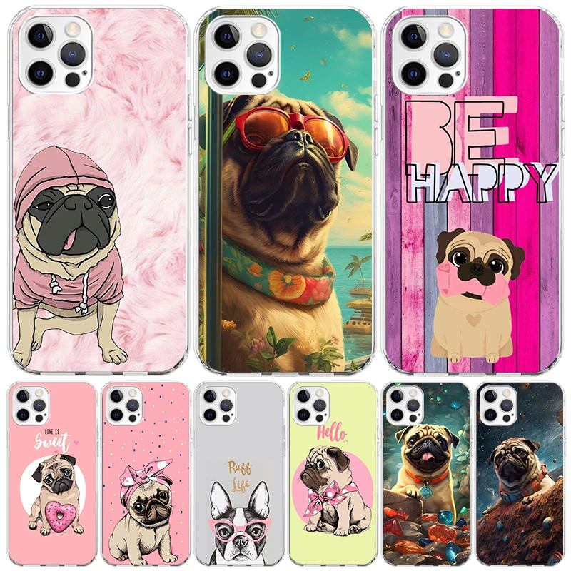 Love Pugs Cute Dog Phone Case For Apple Iphone 11 12 13 Mini 14 15 16 Pro Max 7 Plus X XS XR SE Art Customized Coque Capa