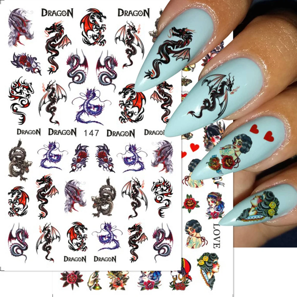 China Dragon Snake Gothic Letter Style 3D Nail Stickers Self Adhesive Slider Nails Decals Wraps Art Decoration