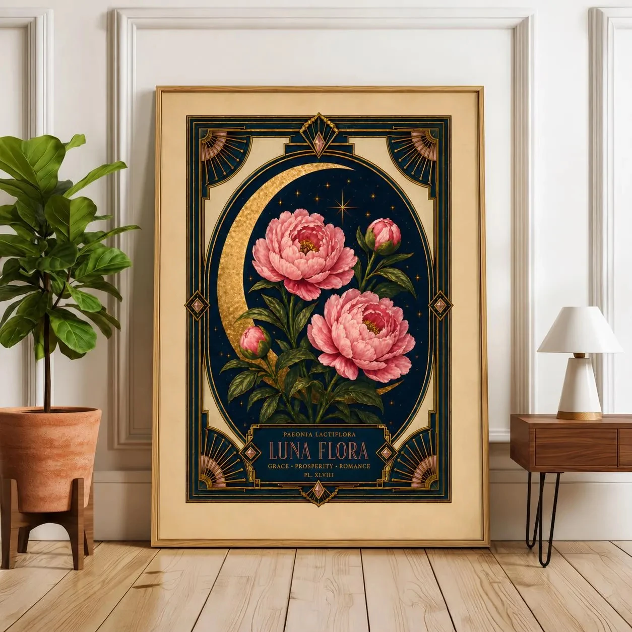 The decorative painting with pink peonies and golden crescent as the theme perfectly integrates the retro Art Nouveau style.