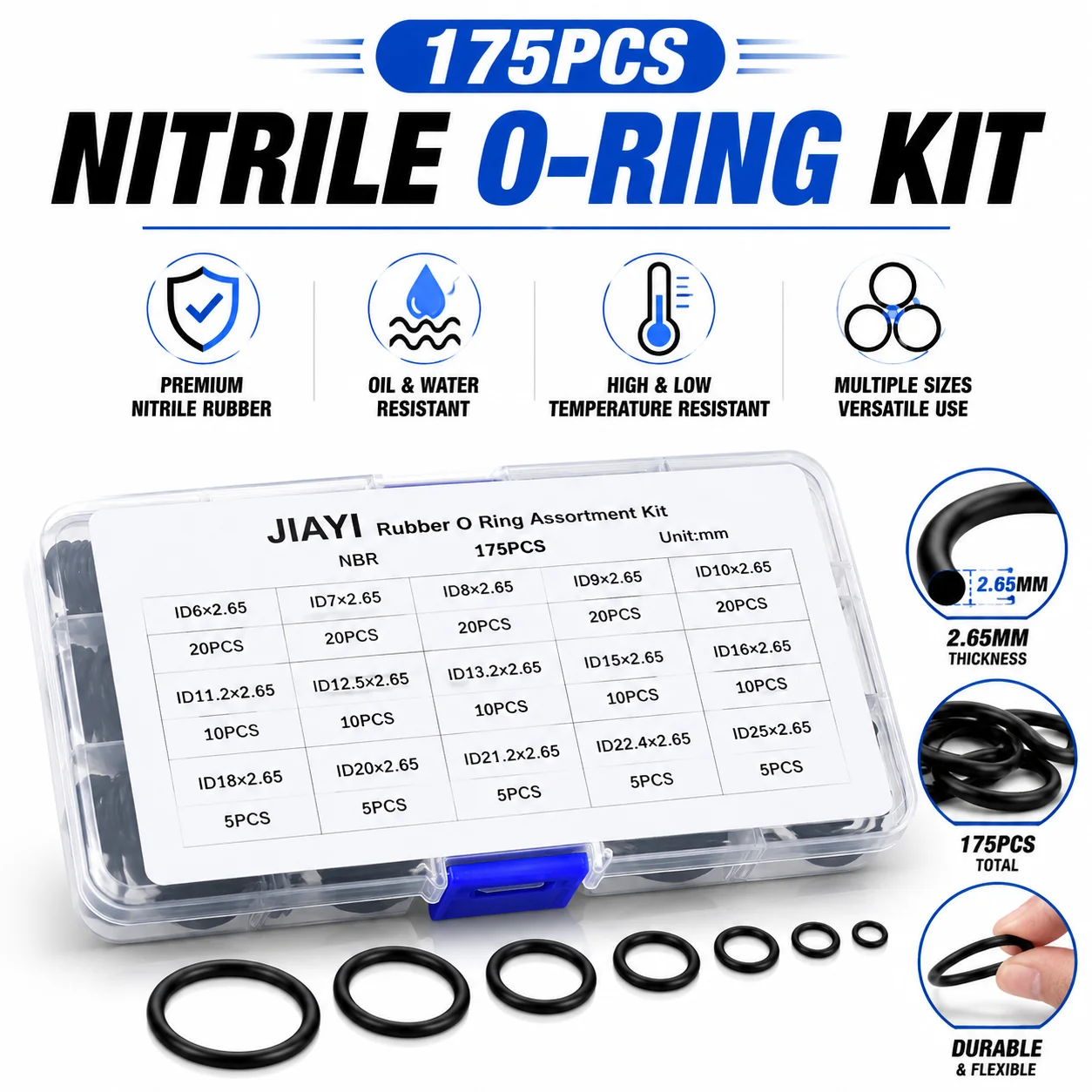 175 Pieces of NBR O-ring Box Inner Diameter 6-25mm Cs2.65mm Air Compressor Hydraulic Valve Waterproof Rubber Ring