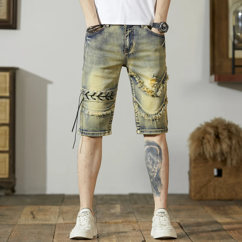 Short en denim déchiré personnalisé pour hommes, conception de ULde couture, pantalon de moto, mince, commandé, rétro, distance, Murcia, été