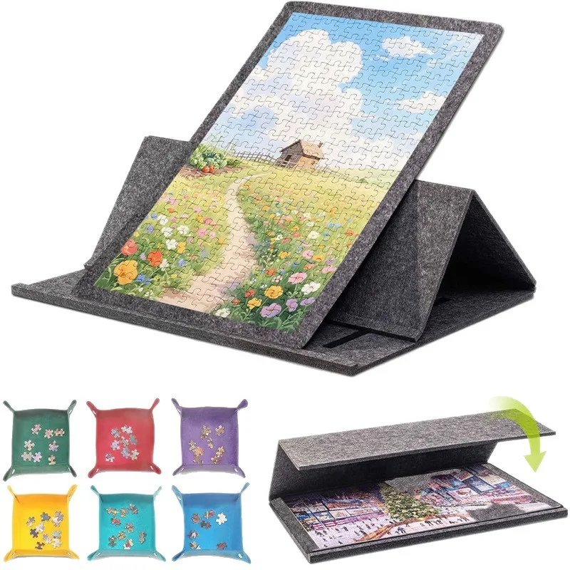 Jigsaw Puzzle Table Board with Bracket Cover 6-category Tray Folding Portable Vertical Jigsaw Puzzle Pad Felt