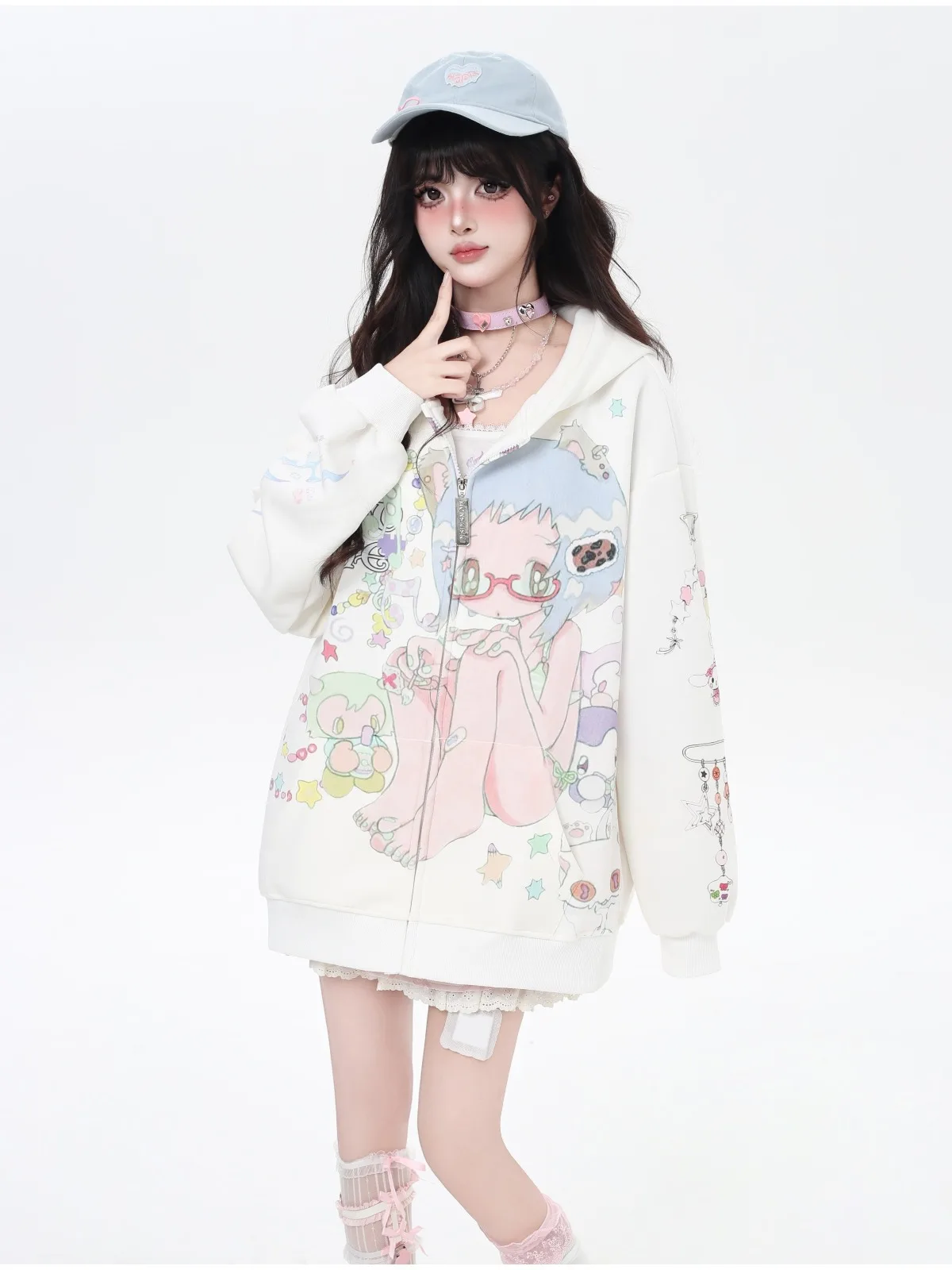 Fashion Sweet Cool Subculture Anime Hoodies Cute Cartoon Girl Print Long Sleeve Zipper Loose Sweatshirts Jackets Women Autumn