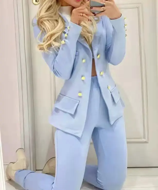 Pants Set Lapel Collar Light Blue Double Breasted Flap Detail Blazer 2 Piece + Pants Office Lady French Designer New