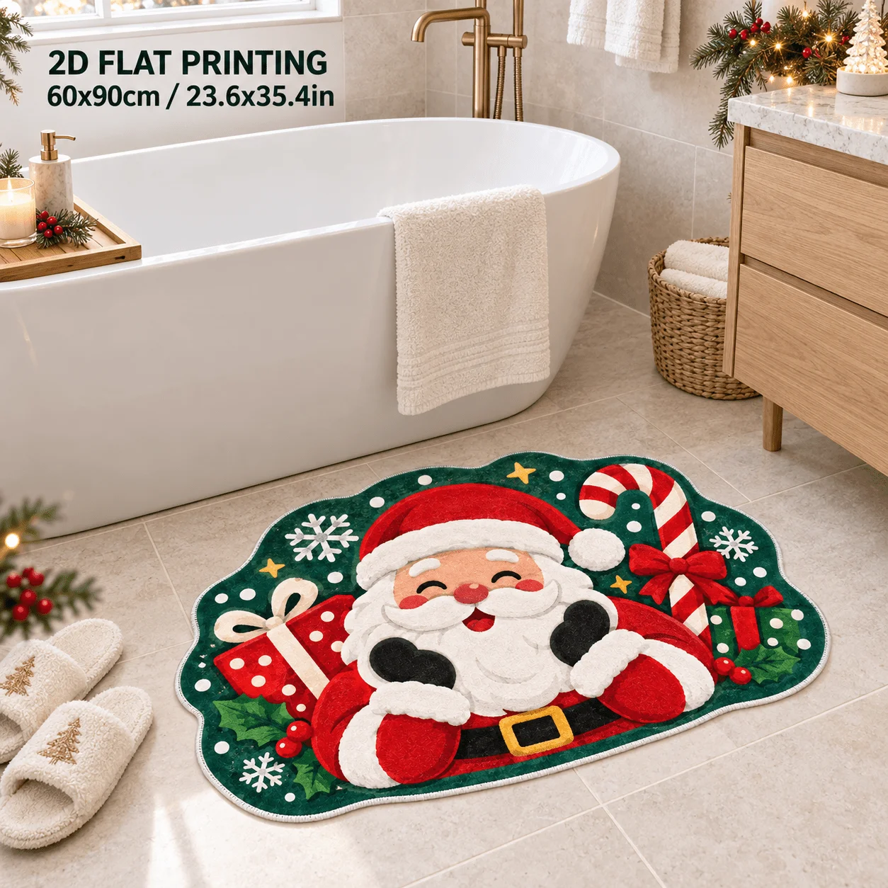 Christmas Poodle Puppy Shaped Rug Santa Hat Xmas Outfit Printed Floor Mat Soft Non Slip Washable Indoor Home Decor